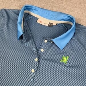 KJUS Polo Shirt Womens Large Blue Striped Short Sleeve UPF 50 Oakmont Golf